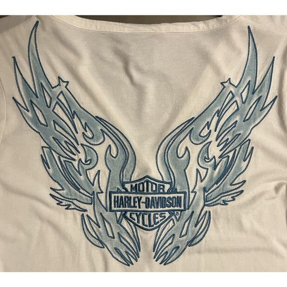 Harley Davidson Women Sz L Retro Embroidered 1/4 Snap Button T-Shirt Top - Picture 1 of 7